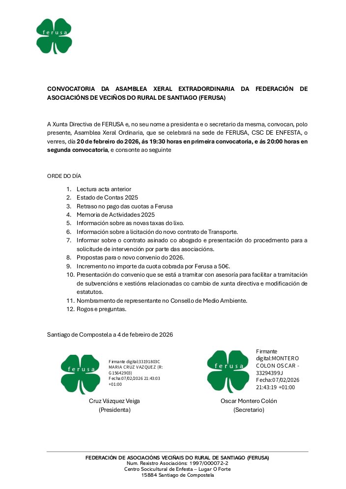 𝗔𝘀𝗮𝗺𝗯𝗹𝗲𝗮 𝗫𝗲𝗿𝗮𝗹 𝗘𝘅𝘁𝗿𝗮𝗼𝗿𝗱𝗶𝗻𝗮𝗿𝗶𝗮 𝟮𝟬𝟮𝟲
O próximo 𝟮𝟬 𝗱𝗲 𝗙𝗲𝗯𝗿𝗲𝗶𝗿𝗼 𝗱𝗼 𝟮𝟬𝟮𝟲, a partir das 𝟭𝟵:𝟯𝟬 𝗵., terá lugar no 𝗖𝗦𝗖 𝗘𝗻𝗳𝗲𝘀𝘁𝗮 a convocatoria anual da 𝗔𝘀𝗮𝗺𝗯𝗹𝗲𝗮 𝗫𝗲𝗿𝗮𝗹 𝗘𝘅𝘁𝗿𝗮𝗼𝗿𝗱𝗶𝗻𝗮𝗿𝗶𝗮 de 𝗙𝗘𝗥𝗨𝗦𝗔