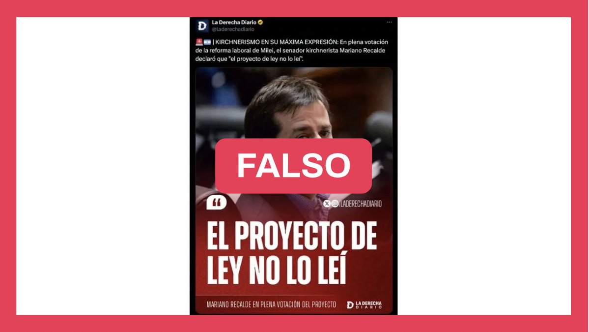 [NUEVO] Es falso que Recalde admitió no haber leído la reforma laboral: su frase está sacada de contexto ❌

👉 Durante la sesión en el Congreso, el senador de Fuerza Patria explicó que no encontró en el texto del proyecto cómo funcionaría el Fondo de Asistencia Laboral (FAL) en