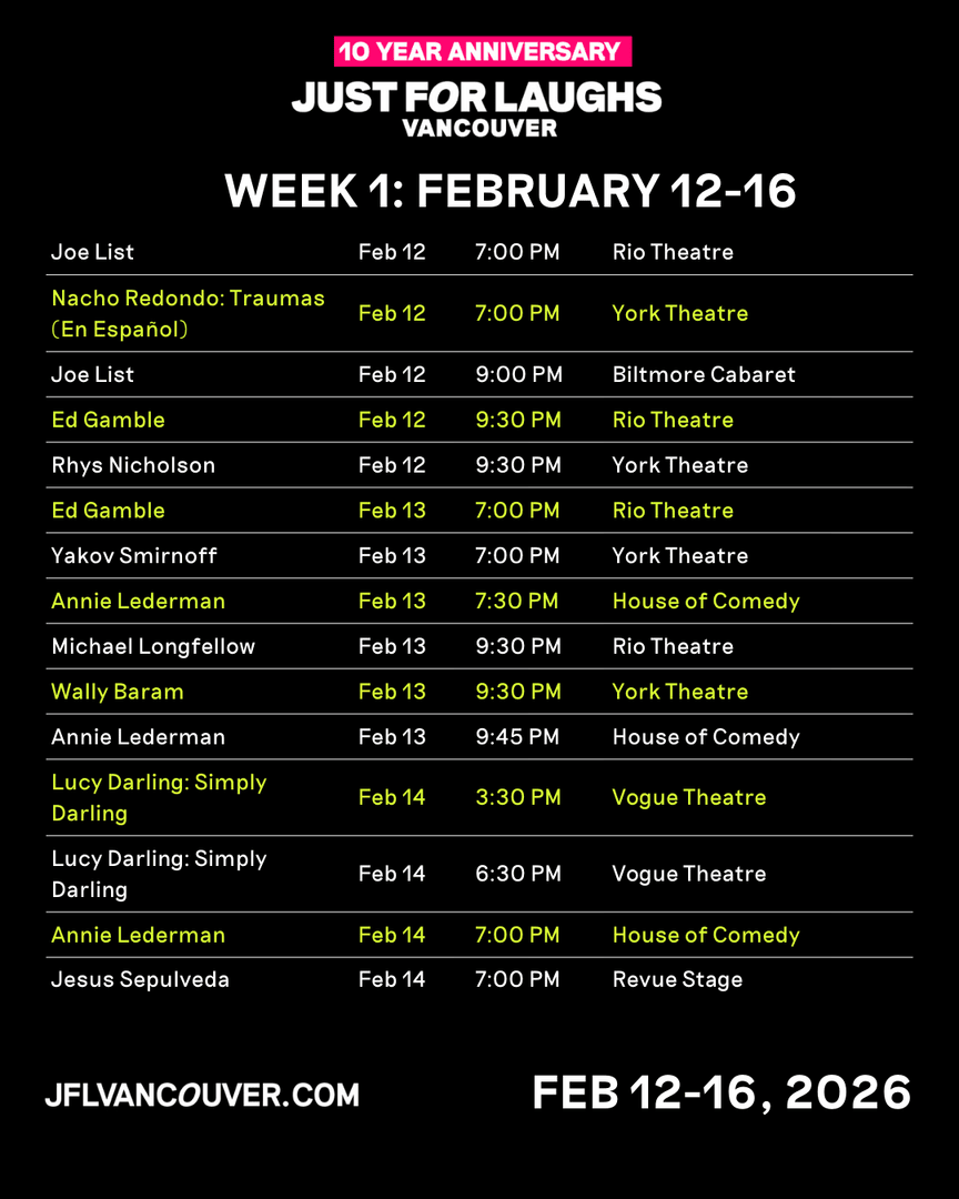 JFLVancouver's tweet photo. 🚨 Tomorrow 🚨
Just For Laughs VANCOUVER begins, and Week One is stacked with must-see headliners. Get your tickets - https://t.co/YN98XEi1KF https://t.co/XT5PJdh1Hh