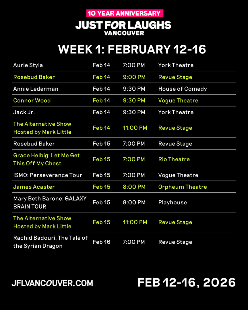 JFLVancouver's tweet photo. 🚨 Tomorrow 🚨
Just For Laughs VANCOUVER begins, and Week One is stacked with must-see headliners. Get your tickets - https://t.co/YN98XEi1KF https://t.co/XT5PJdh1Hh