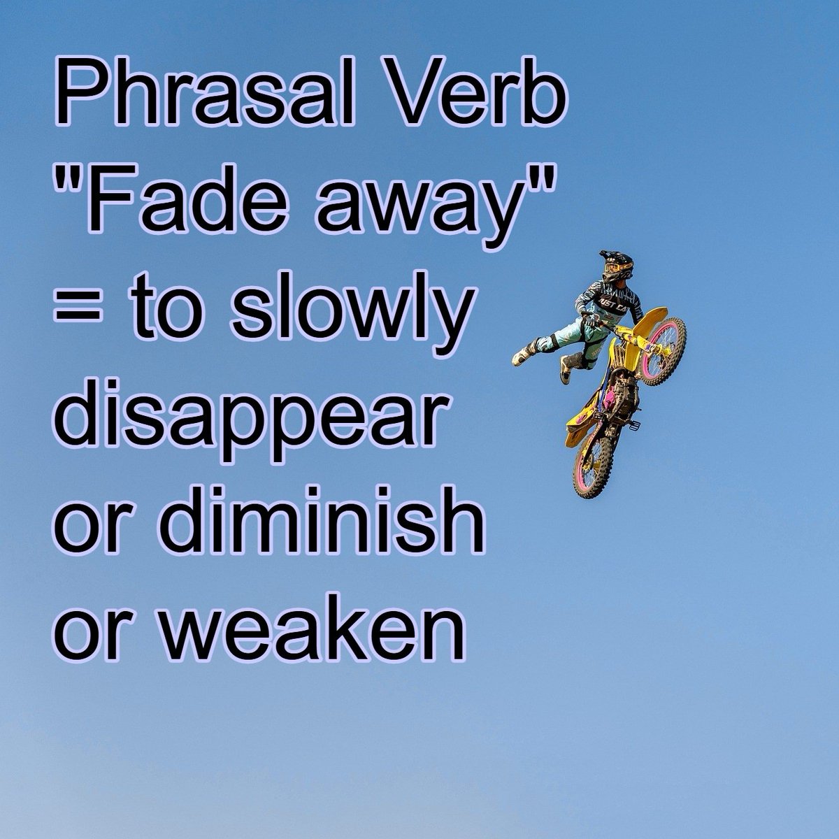 IdiomConnectio1's tweet photo. 💙Phrasal Verb Of The Day

💙"Fade away" - to slowly disappear or diminish or weaken

💙"The words on the  book cover are beginning to fade away."
💙"The noise from the stadium began to fade away when we left."
💙"The sound of the music faded away into nothing." https://t.co/9FmhtAP9Ud