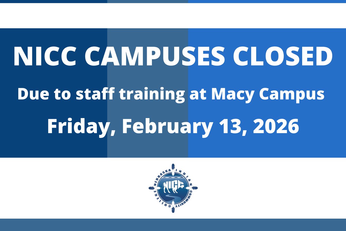 NebraskaIndian's tweet photo. 📢 NICC Campuses Closed – Friday, February 13, 2026
Please note that all Nebraska Indian Community College campuses will be CLOSED on Friday, February 13, 2026, due to staff training at the Macy Campus.
There will be no classes held and campus offices will be unavailable.
#NICC https://t.co/OJNSixGuDK