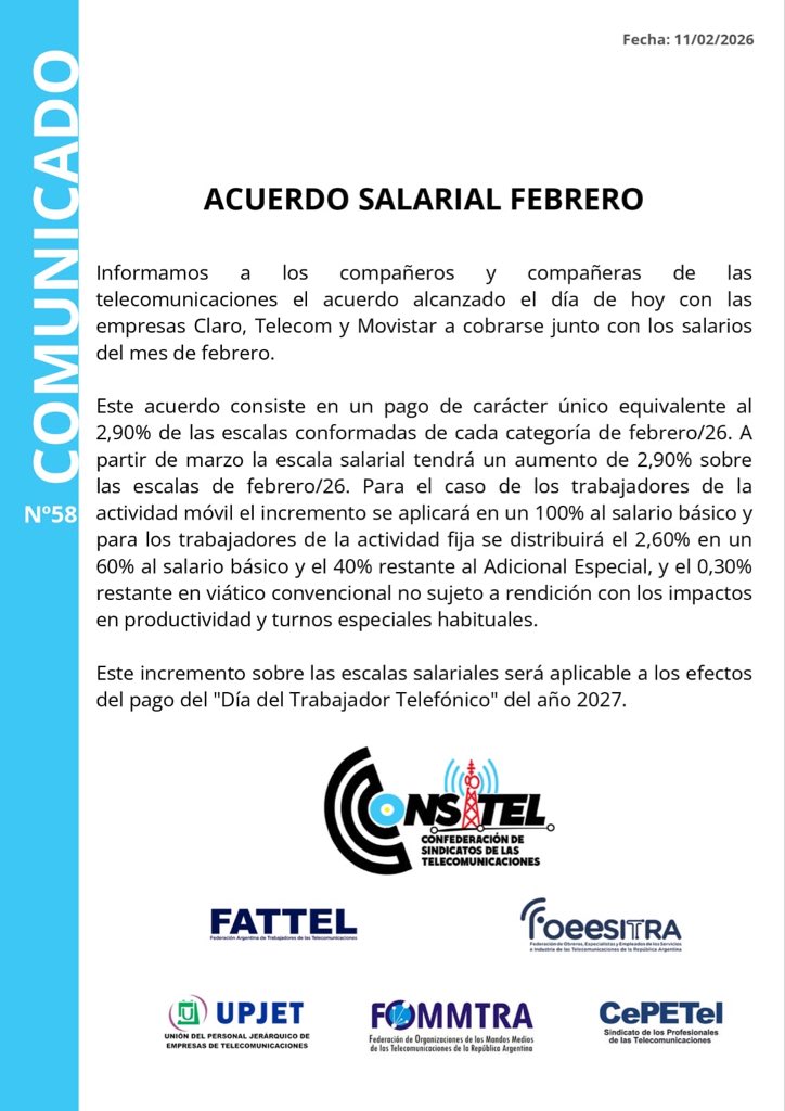 Compartimos comunicado de la CONSITEL referido al último acuerdo salarial Febrero 2026