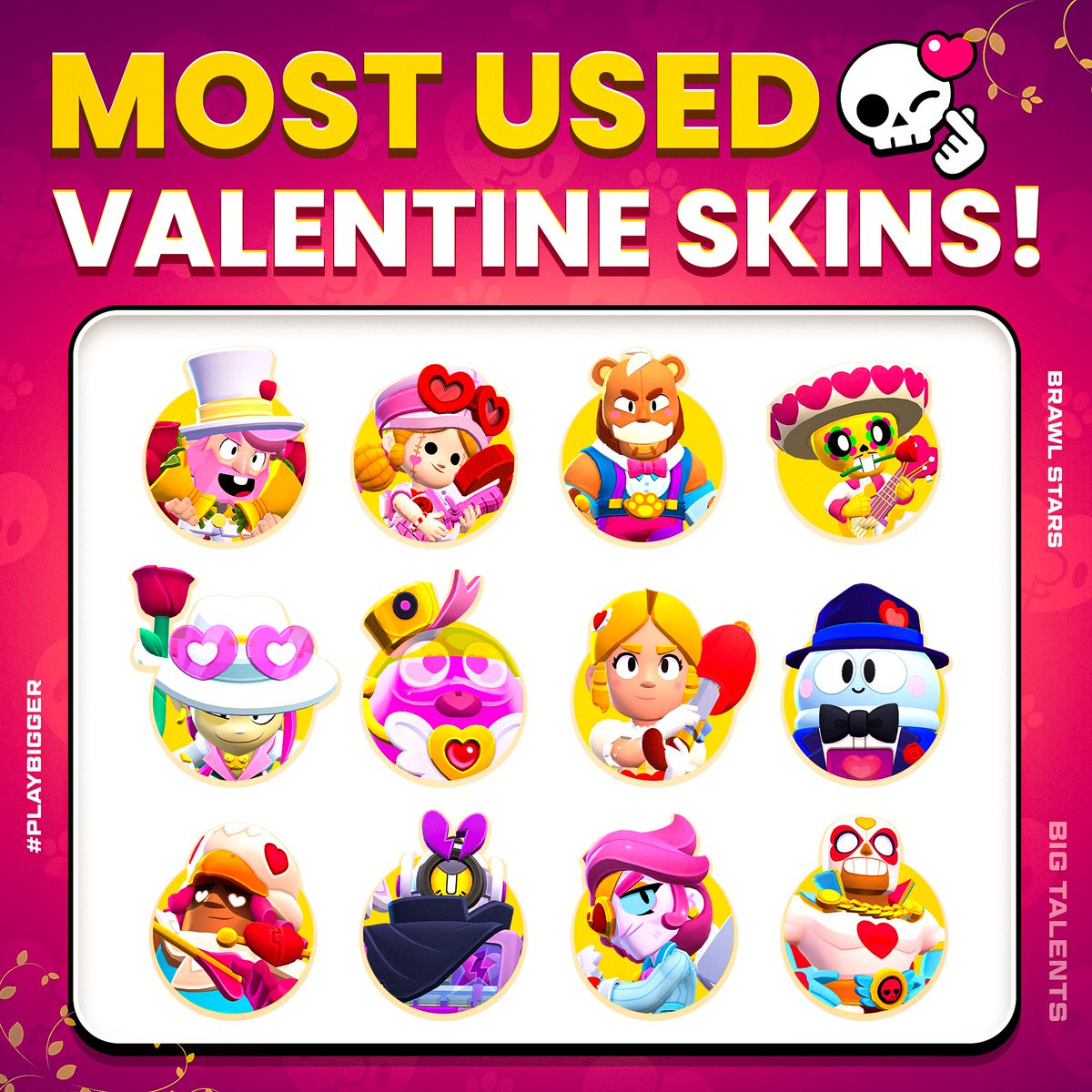 Valentine’s Day is coming up and WE are hopping on brawl all day!

These are the most used Valentine’s Day themed skins in the game! Drop your favourite one in the replies 💘
#bigtalents #brawlstars #ValentinesDay2026