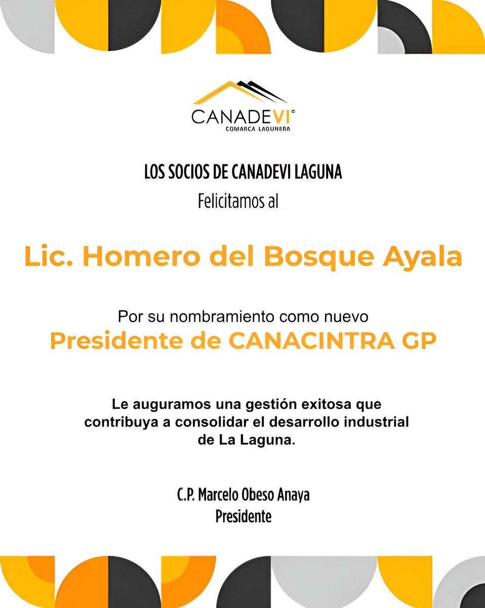 Felicidades, Lic. Homero del Bosque Ayala.
<a href="/Canacintra_GP/">CANACINTRA Gómez Palacio</a>