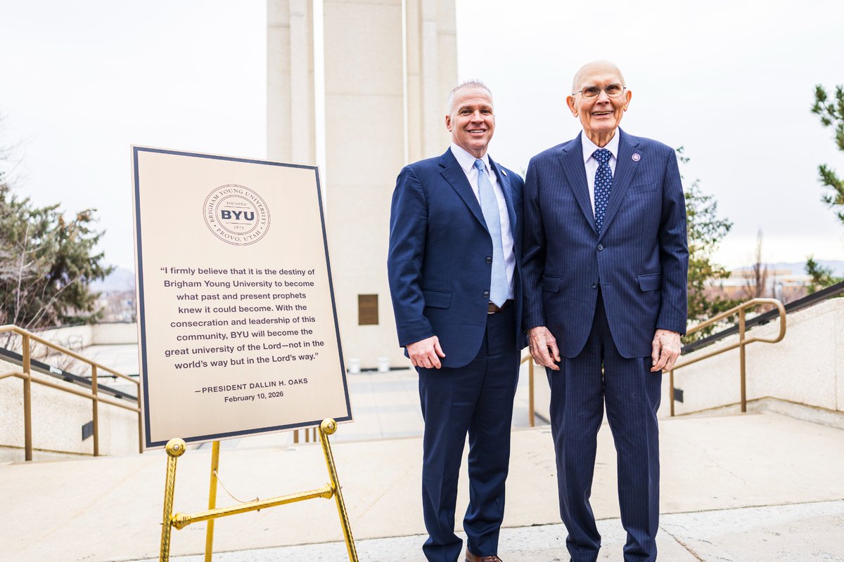 Ch_JesusChrist's tweet photo. At a special presentation following his devotional address at Brigham Young University (@BYU) on Tuesday, February 10, 2026, a plaque was unveiled honoring President Dallin H. Oaks (@OaksDallinH) of The Church of Jesus Christ of Latter-day Saints with an inscription from his talk.

“I firmly believe,” the quote says, “that it is the destiny of Brigham Young University to become what past and present prophets knew it could become. With the consecration and leadership of this community, BYU will become the great university of the Lord — not in the world’s way but in the Lord’s way.”

This plaque will be placed at the Carillon Bell Tower and will accompany a separate one from former Church President Spencer W. Kimball’s dedication of the musical landmark on BYU’s campus on October 10, 1975.

Learn more on Church Newsroom. 

https://t.co/25nnROTqUy