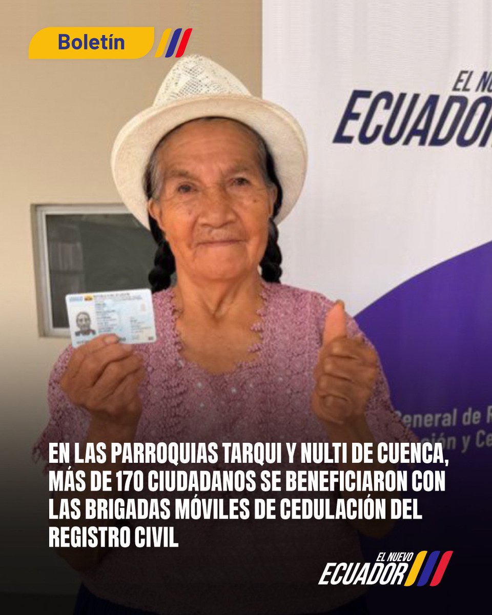 #Azuay | Más de 170 ciudadanos accedieron al servicio de cedulación, gracias a las brigadas móviles del Registro Civil en las parroquias Tarqui y Nulti, en Cuenca.

Seguimos acercando servicios a cada rincón del país.

Aquí más  👉 goo.su/vGgGMr1

#ElNuevoEcuador 🇪🇨