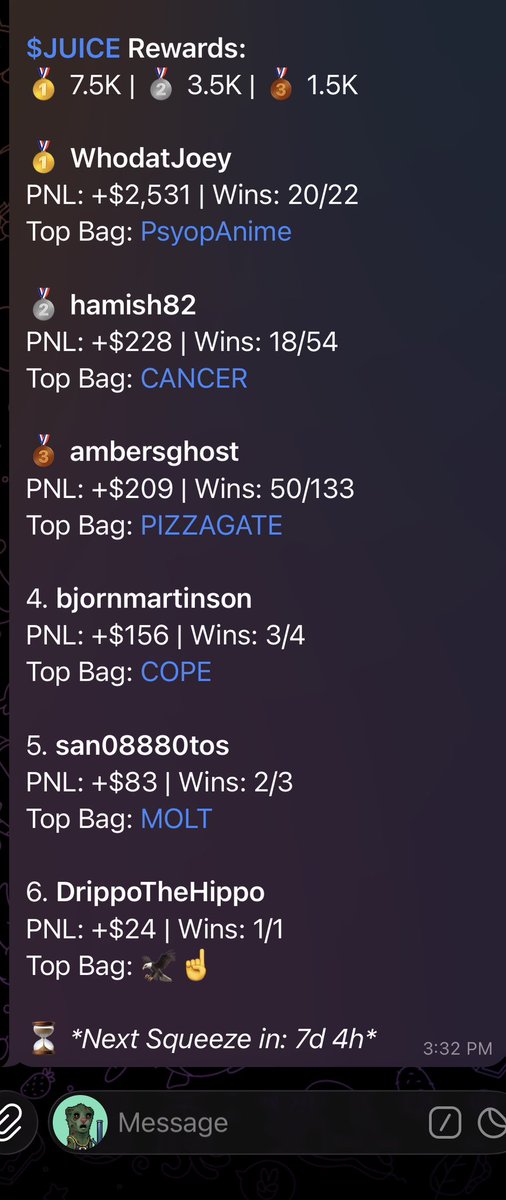 🚨 7 Days left to become a top trader and win free $JUICE 🚨

Join and start printing today! 👉 t.me/juicebotapp