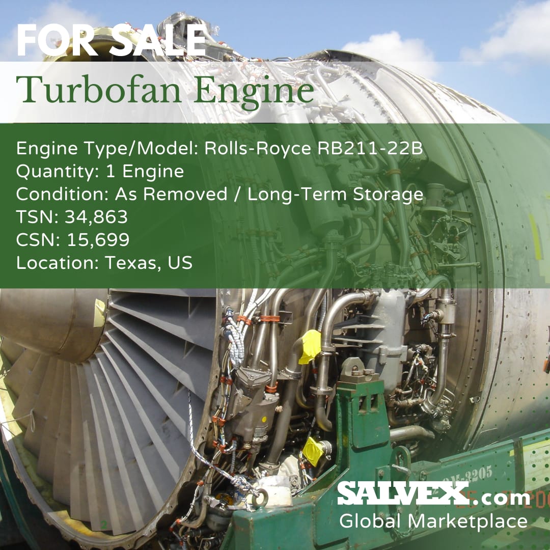 aviation_ai's tweet photo. ✈️ For Sale: Rolls-Royce RB211-22B Turbofan
TSN: 34,863 | CSN: 15,699
As Removed | Texas, USA
Bid now: https://t.co/Tk8AQ3U533
#Salvex #RB211 #AircraftEngines #MRO https://t.co/U9611eFlWo