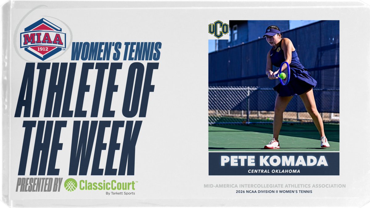 Congratulations to Central Oklahoma's Pete Komada on being named the first MIAA Women's Tennis 𝘼𝙏𝙃𝙇𝙀𝙏𝙀 𝙊𝙁 𝙏𝙃𝙀 𝙒𝙀𝙀𝙆 in the 2026 season, presented by ClassicCourt 🎾👏

📰 themiaa.com/news/2026/2/11…
#BringYourAGame