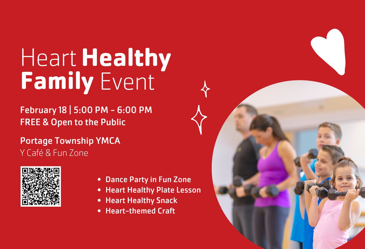 ❤️ Dance, learn &amp; snack your way to a healthier heart! Join us for a FREE Heart Healthy Family Event at the Portage Township YMCA featuring a Dance Party, heart craft, heart healthy plate tips &amp; a healthy snack. Free and open to the public.
Register: bit.ly/4cnTqPy