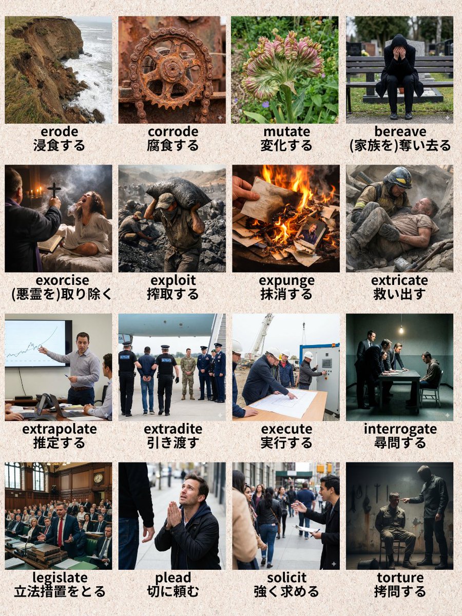 英検1級の頻出『動詞16選』。準1級目指す人は8語以上、1級目指す人は14語覚えて。分からなければ要メモです。