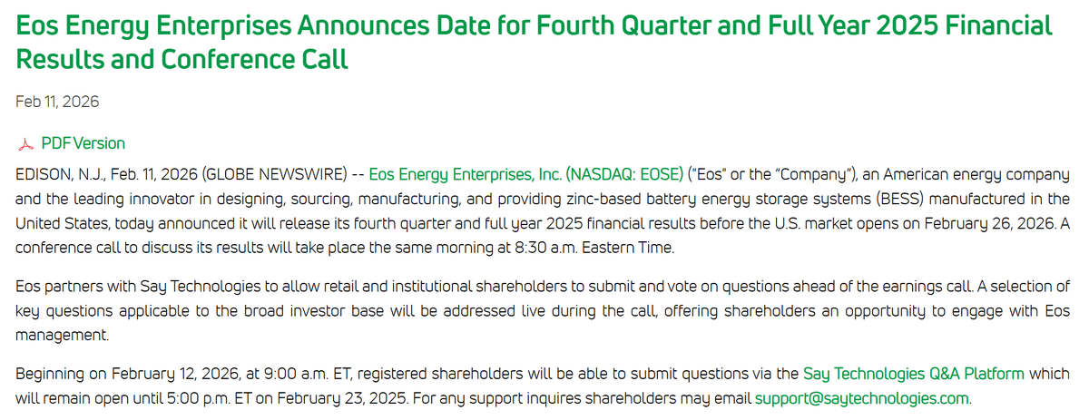 NetMelc's tweet image. $EOSE earnings date announced

🚨Feb 26, BEFORE OPEN 🚨

Great to see we are getting better on reporting timeline vs previous full-year results, and no more speculation between release and earnings call like in previous quarters.