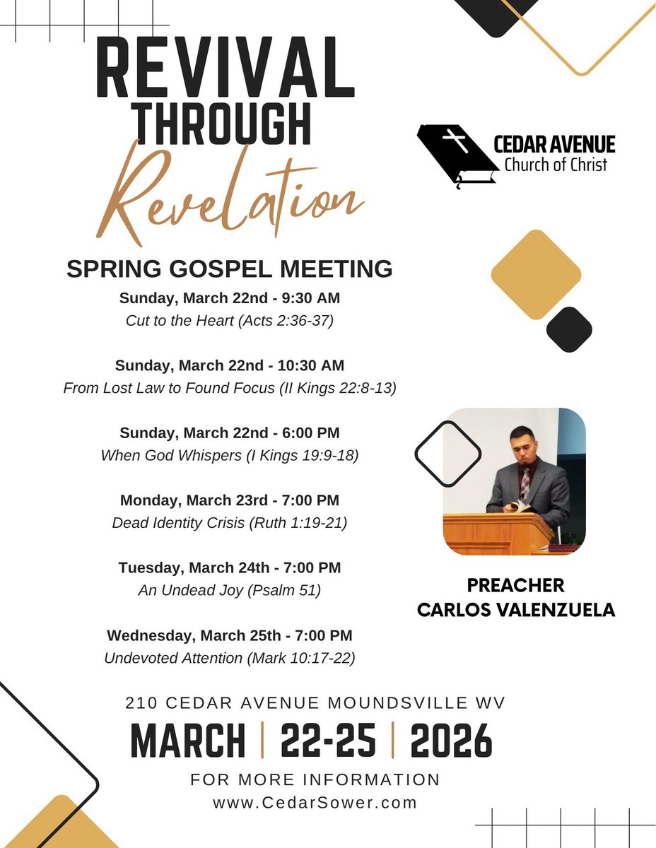 CedarChrist's tweet photo. Join us for our spring gospel meeting March 22-25 with Carlos Valenzuela in a series titled Revival Through Revelation. For more information visit: https://t.co/inT4O8qrwb https://t.co/h10yDilkIP