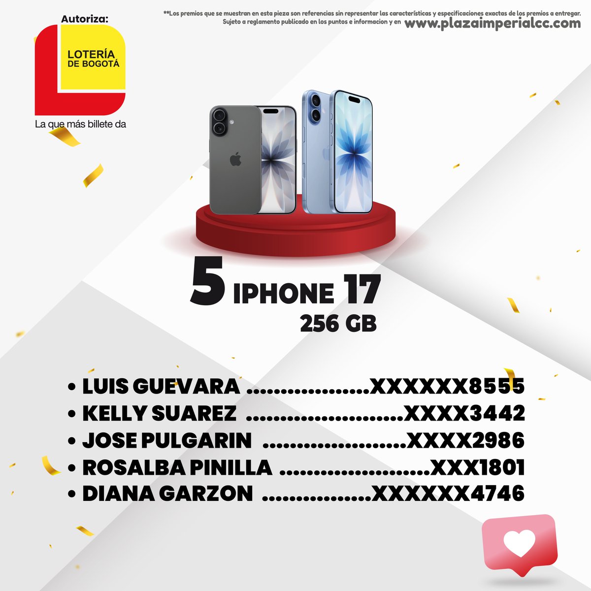 ¡Felicidades a los ganadores de nuestro Sorteo de Lealtad 3! 🎉

El equipo de Plaza Imperial se contactará pronto con los ganadores para coordinar el proceso de entrega de sus increíbles premios. 🎁

¡Gracias a todos por ser parte de esta gran familia! ❤️
