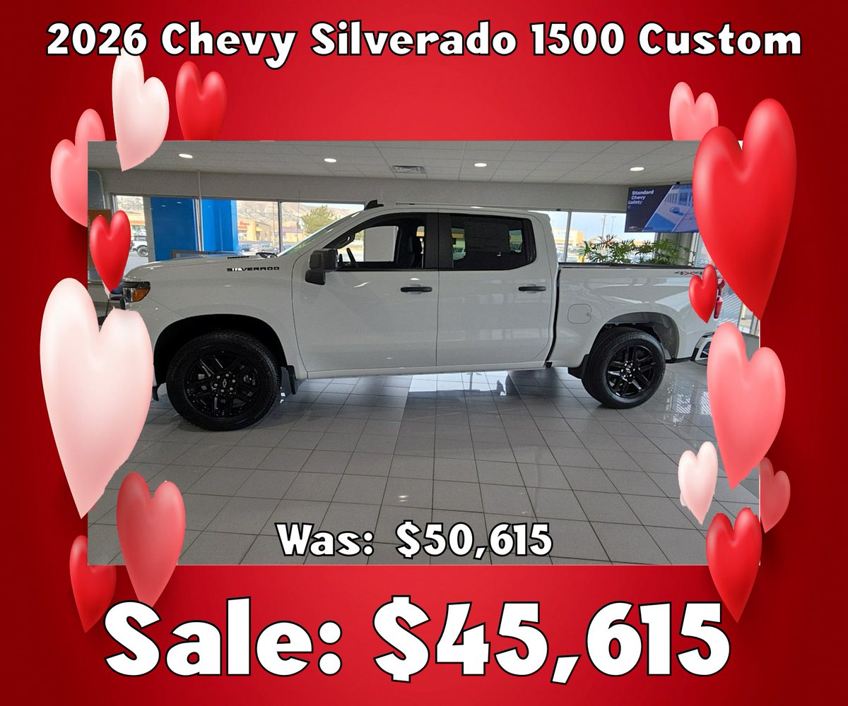 whislerchevy's tweet photo. LOVE THIS DEAL!💘💘💘💘 Save $5,000 on this brand new 2026 Chevy Silverado Custom.  Special interest financing is also available w.a.c.

https://t.co/1Kpq723cND

#ValentinesDay #NewTrucksAreBetterThanFlowers https://t.co/YIG8td8ozB