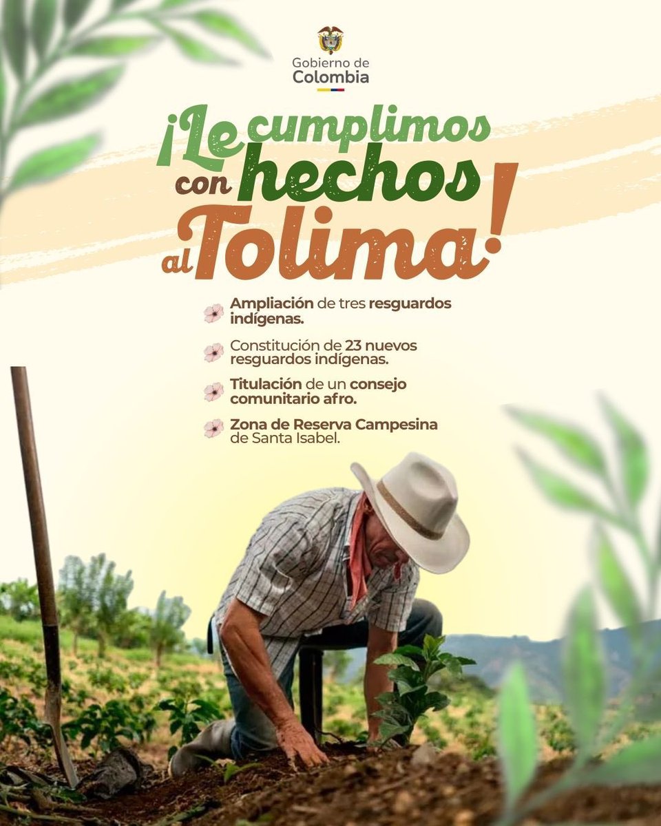 Durante el Gobierno Petro, en el Tolima se crearon espacios de preservación cultural, espiritual y ambiental, así como la Zona de Reserva Campesina constituida en 2024, una de las más emblemáticas del país.

¡Se cumple con hechos no con palabras! #ConTierraCumplimos