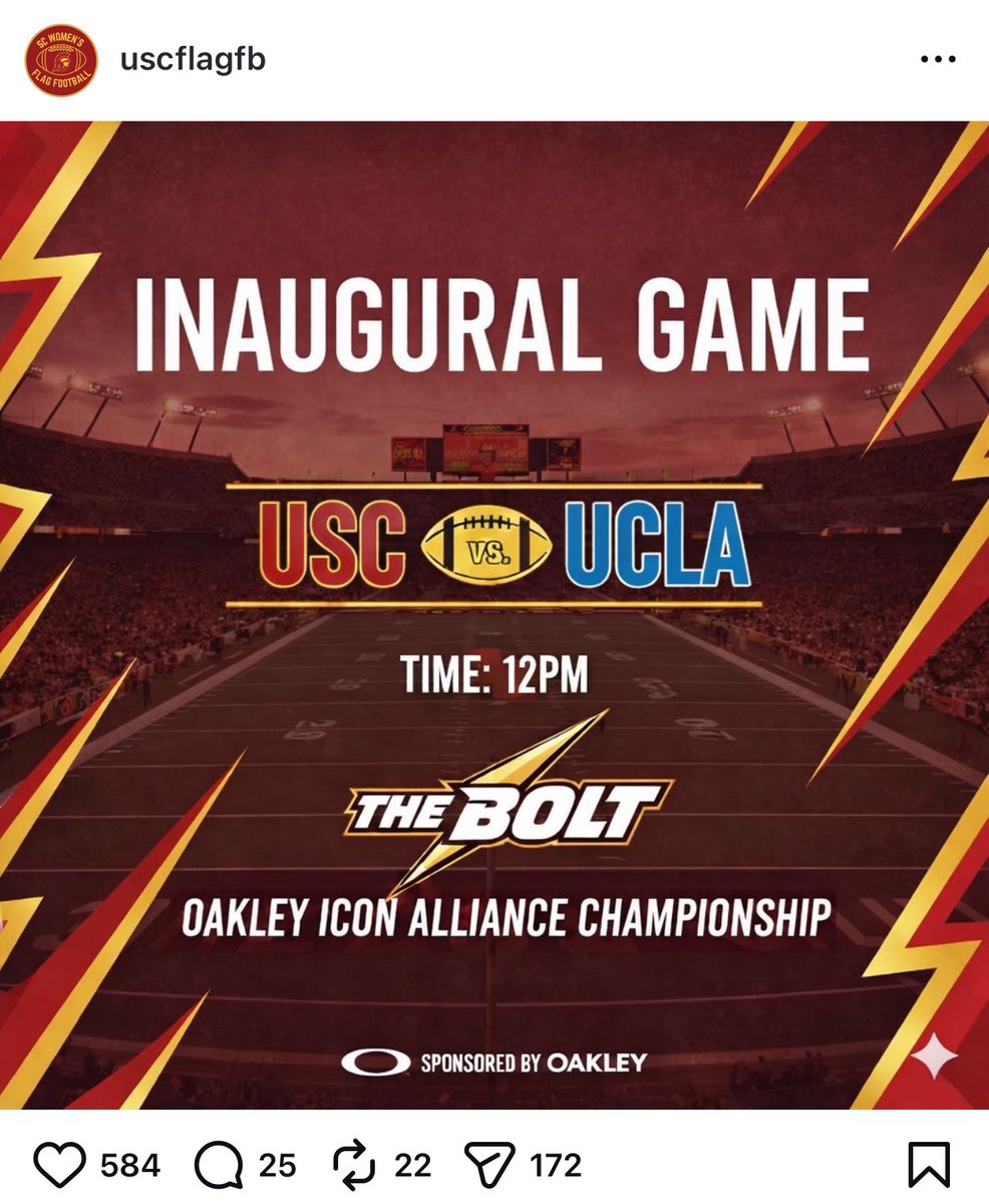 This is cool: USC has launched a women’s club flag football team!

Their first game is this Sunday against UCLA. Will be played at the Chargers training facility in El Segundo.