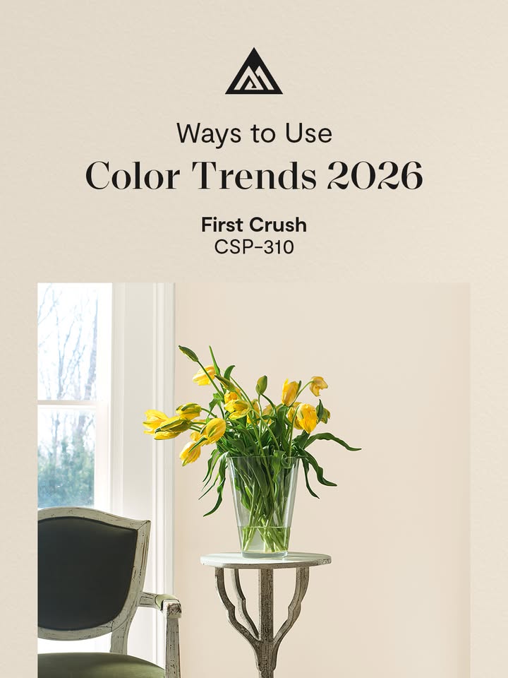 Out of all the colors on the Color Trends 2026 palette, First Crush CSP-310 is the most tender, a gentle hue with the faintest blush of pink to warm your heart and home. Swipe through to see how we pair it with light grays and creamy white paint colors for bit.ly/4rL8Sd8