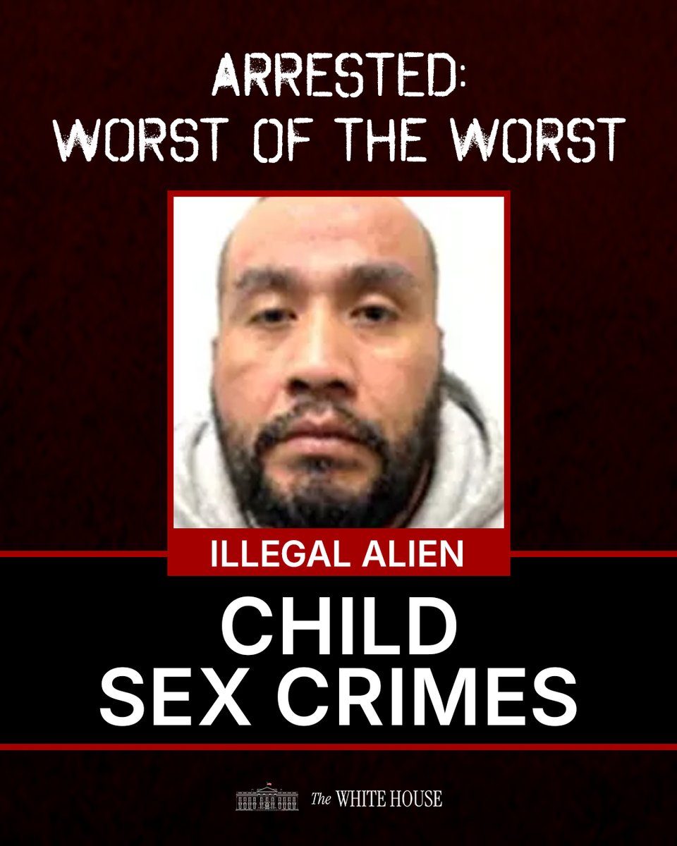 WhiteHouse's tweet photo. 🚨Daniel Pineda-Velasquez, a criminal illegal alien from Guatemala, convicted for sex abuse of a minor, rape, third-degree sex offense, assault, and fourth-degree sex contact in Prince Georges County, Maryland.

Thanks to ICE, this Child PREDATOR is off our streets. https://t.co/EJcS1hRviV