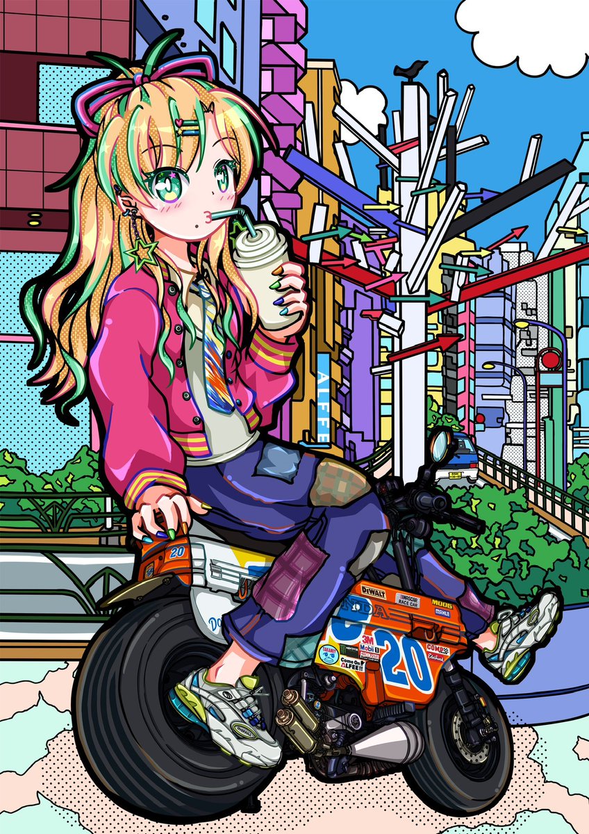 「#私はこういう絵を描いています オリキャラ三人娘&バイク&レトロポップ」|霧生真@5/5コミティア144「E28b」のイラスト