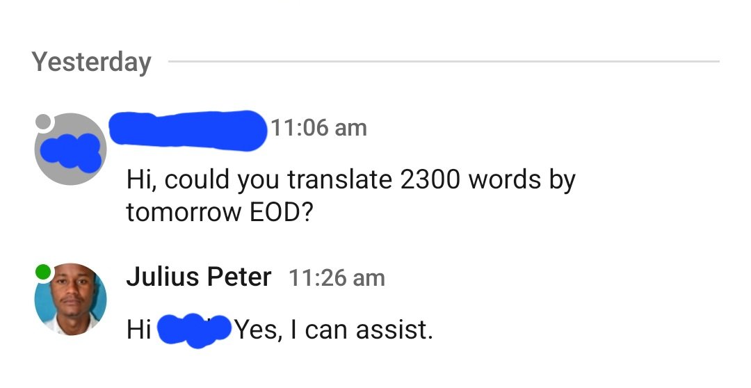 Just completed a 2300-word translation for my long-term client. 

Delivered before End of the Day as agreed.

In this project, I translated content on Autistic Spectrum Disorder (ASD) for autistic children/young people and their parents and care takers to help them cope.
