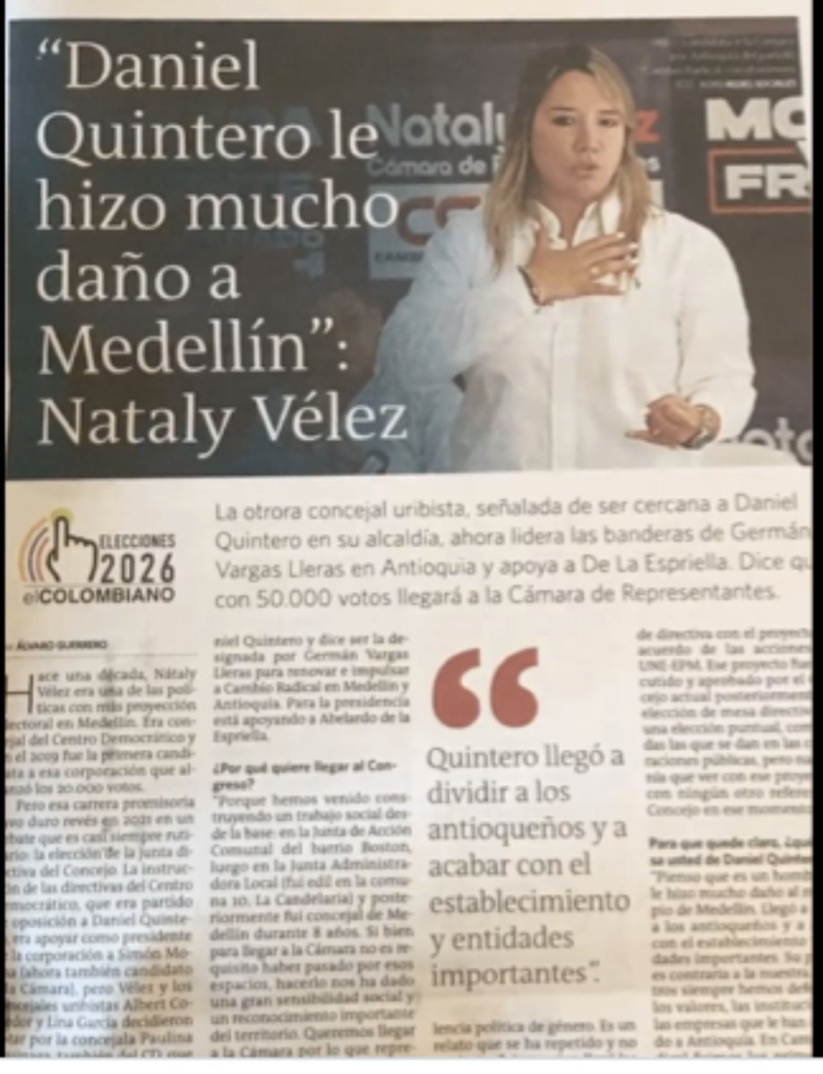 Lo hemos dicho, <a href="/NatalyVelezL/">Nataly Vélez</a> es <a href="/QuinteroCalle/">Daniel Quintero 🇨🇴</a> . Fue cómplice del saqueo a Medellín, se robó el <a href="/INDERMEDELLIN/">Inder Medellín</a> con Jony Jaramillo, robó con el club River Plate. Por favor la campaña de <a href="/ABDELAESPRIELLA/">Abelardo De La Espriella</a> investiguen de dónde salen tanta financiacion, no se dejen enredar.