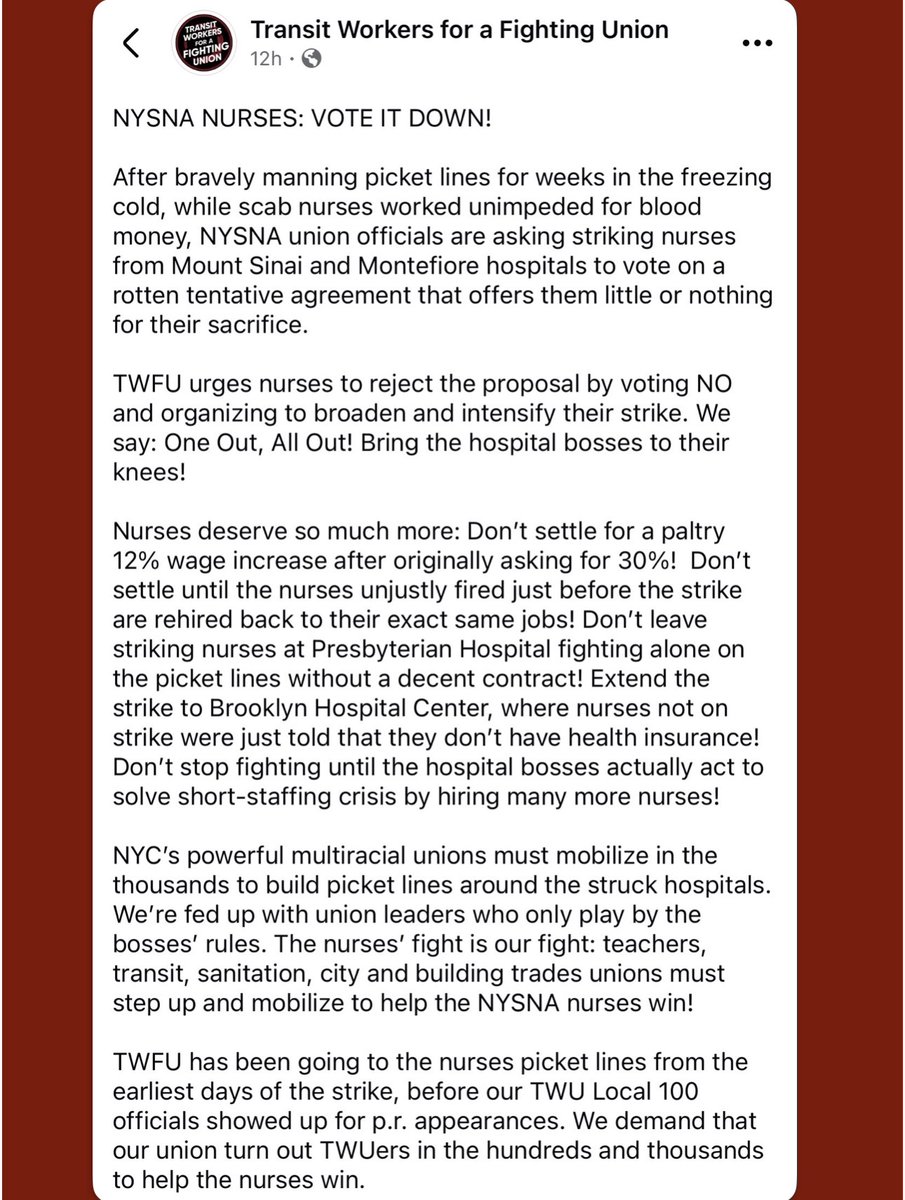 Transit Workers for a Fighting Union say:
NYSNA NURSES: VOTE IT DOWN!
facebook.com/share/p/182TeA…
