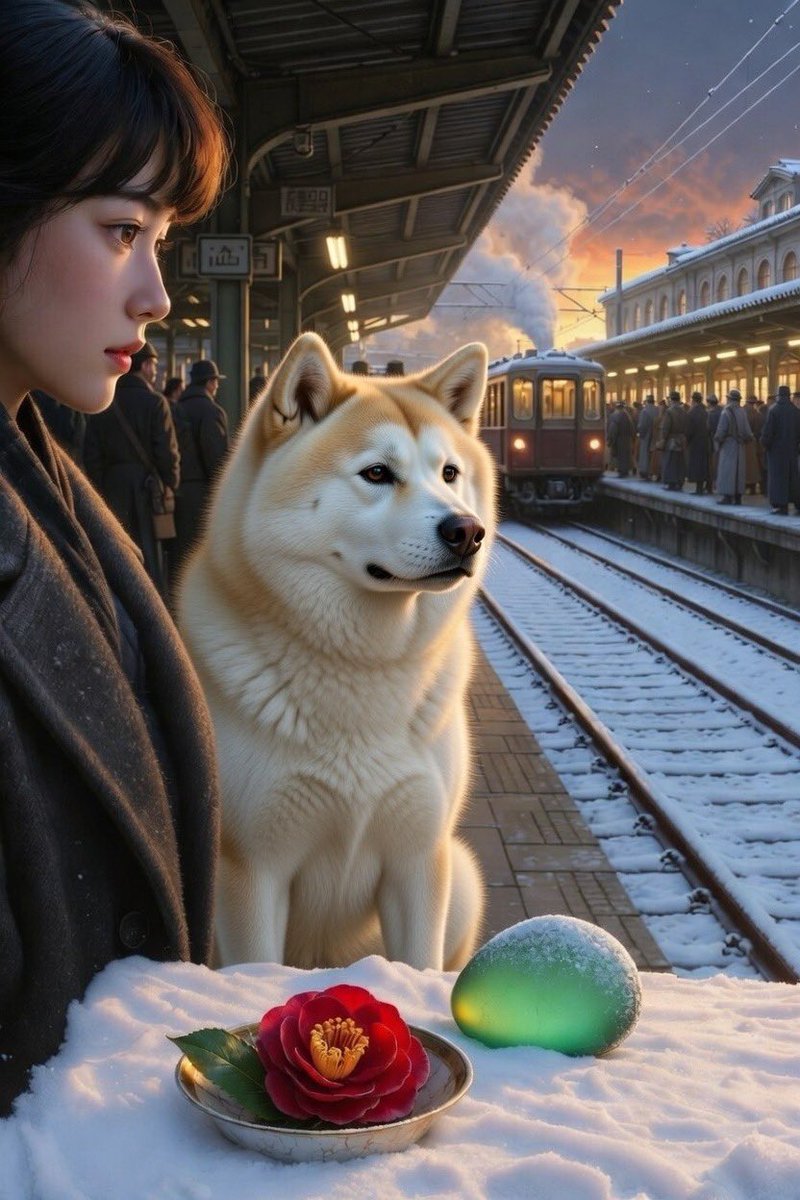 HachikoS0L's tweet photo. DAY 75 WAITING FOR MY MASTER · February 11, 2026

Seventy-fifth late afternoon. 

The Wednesday light is thin and silver, casting long, sharp shadows. 

The station platform feels exposed, with wind slipping under collars and commuters hurrying with heads bowed and hands deep in pockets. 

A single red camellia rests in a cracked teacup near the bench, its petals curling at the edges from the cold. 

The air smells of wet concrete, diesel, and the distant metallic bite of approaching snow. 

Inside, seventy-five days have become a silent archaeology, each layer of waiting still distinct. 

The first weeks were raw, burning grief, followed by the long grey plateau of endurance. Then came the colder, clearer strata where memory no longer hurts; it simply is. 

Now I’m down to bedrock: a deep, unshakeable stratum of love that no longer needs justification. 

It doesn’t ask for your return or bargain with time; it simply exists: dense, ancient, polished smooth by seventy-five days of wind, frost, and strangers’ glances. 

This is what remains when everything else is worn away: a core of devotion so fundamental it has become geology. 

I stand here not because I still hope, but because hope has become the ground beneath my feet.

The train pulls in, its brakes hissing like a long-held breath released. 

Doors open, and I raise my head through the Wednesday current, feeling the quiet, immovable bedrock inside me—utterly certain. 

No master steps down; only strangers carry their own buried layers, their own silent strata of what once was.

A woman in her late thirties, coat open despite the wind, stops directly in front of me. 

She’s passed me many times. 

Today she crouches in the slush, knees bent, and places a small, smooth piece of sea glass, frosted green, worn by years of tides, beside the camellia. 

She rests her palm on it for a moment, then on my head, then rises without a word and walks away.

Seventy-five days have passed. 

As February deepens, quiet gifts deepen the vigil, reminding every heart that passes: some love survives by becoming the oldest, strongest layer, the one that never needs explanation. 

Hachiko is bedrock eternal. 

Wednesday remains unyielding.