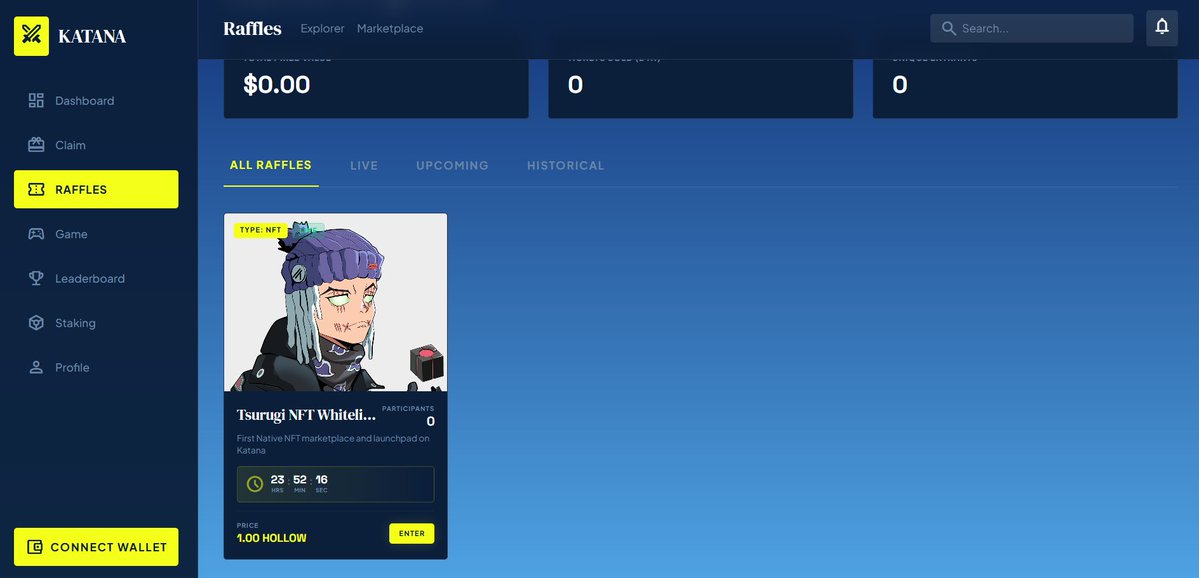 ⚔️ Tsurugi NFT Whitelist Raffle is LIVE!

We are officially giving away 10 WL Spots for upcoming <a href="/Tsurugi_market/">Tsurugi Market</a>  NFT mint! This is our first-ever community raffle on the <a href="/katana/">Katana ⚔️</a> platform.

🏆 How to Enter:

1️⃣ STEP 1: Claim your $HOLLOW
Before you can enter the raffle, you must
