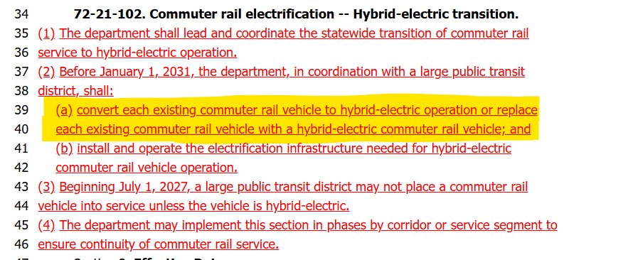 A new bill, HB 550 has landed. Which essentially requires UTA/UDOT to upgrade all FrontRunner rail vehicles to hybrid electric (read: Stadler DMU) by the year 2031