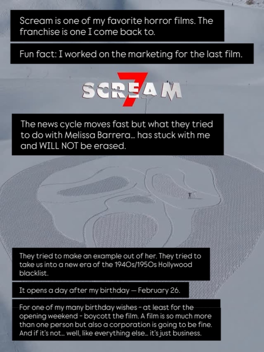 OoXLR8oO's tweet photo. Just saw this statement from Raymond Arturo Perez, someone who worked on the marketing for Scream VI, talking about Spyglass' actions and supporting #BoycottScream7. https://t.co/3XFOAPlDf5