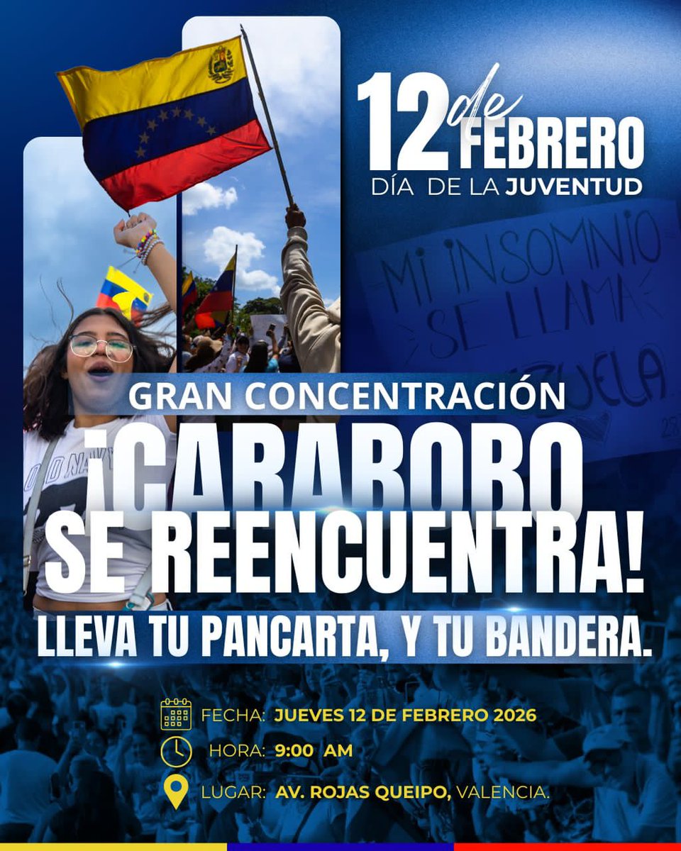 12 de Febrero en Valencis Puntos de Salida
 Hacia la concentración, en la Rojas Queipo
🇻🇪🇻🇪🇻🇪🇻🇪🇻🇪🇻🇪🇻🇪
•Plaza Santa Rosa 
•Lara con Branger 
•Ateneo de Valencia 
•Shopping Center 
•Patio Trigal 
•Redoma de Guaparo