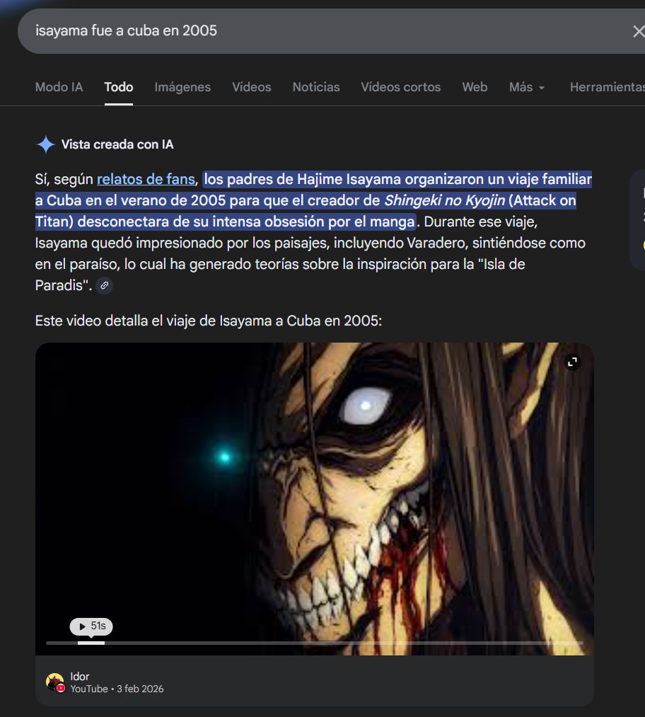 Google pone que Isayama fue a cuba en 2005 GANÉ