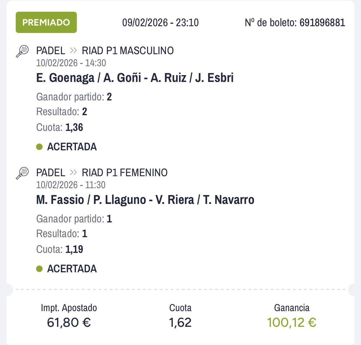 ExperTeamBets's tweet photo. 👁️ 👁️ 2/2 PRONÓSTICOS ✅✅ facilísimos en los dos primeros días de temporada de #PremierPadel y todos los d��as de esta semana sumando con 6/8 ✅ en estos tres días 

👉 👉 En breve dejamos otro pronóstico para los cuartos de Premier 🎾 y mañana más contenidos de ligas europeas de 🏀
