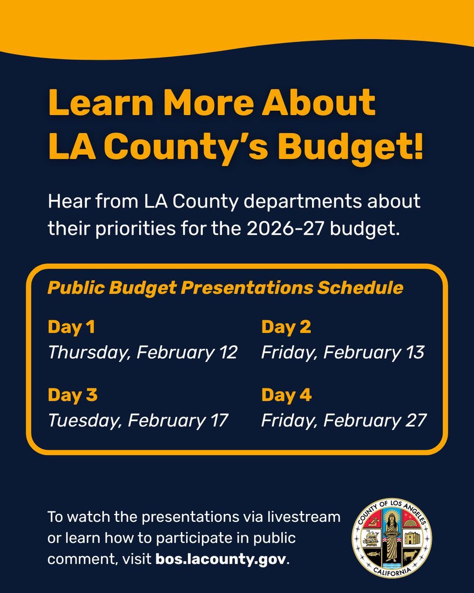 CountyofLA's tweet image. 📊 Learn More About LA County’s Budget! Hear from #LACounty departments about their priorities for the 2026–27 Fiscal Year Budget!