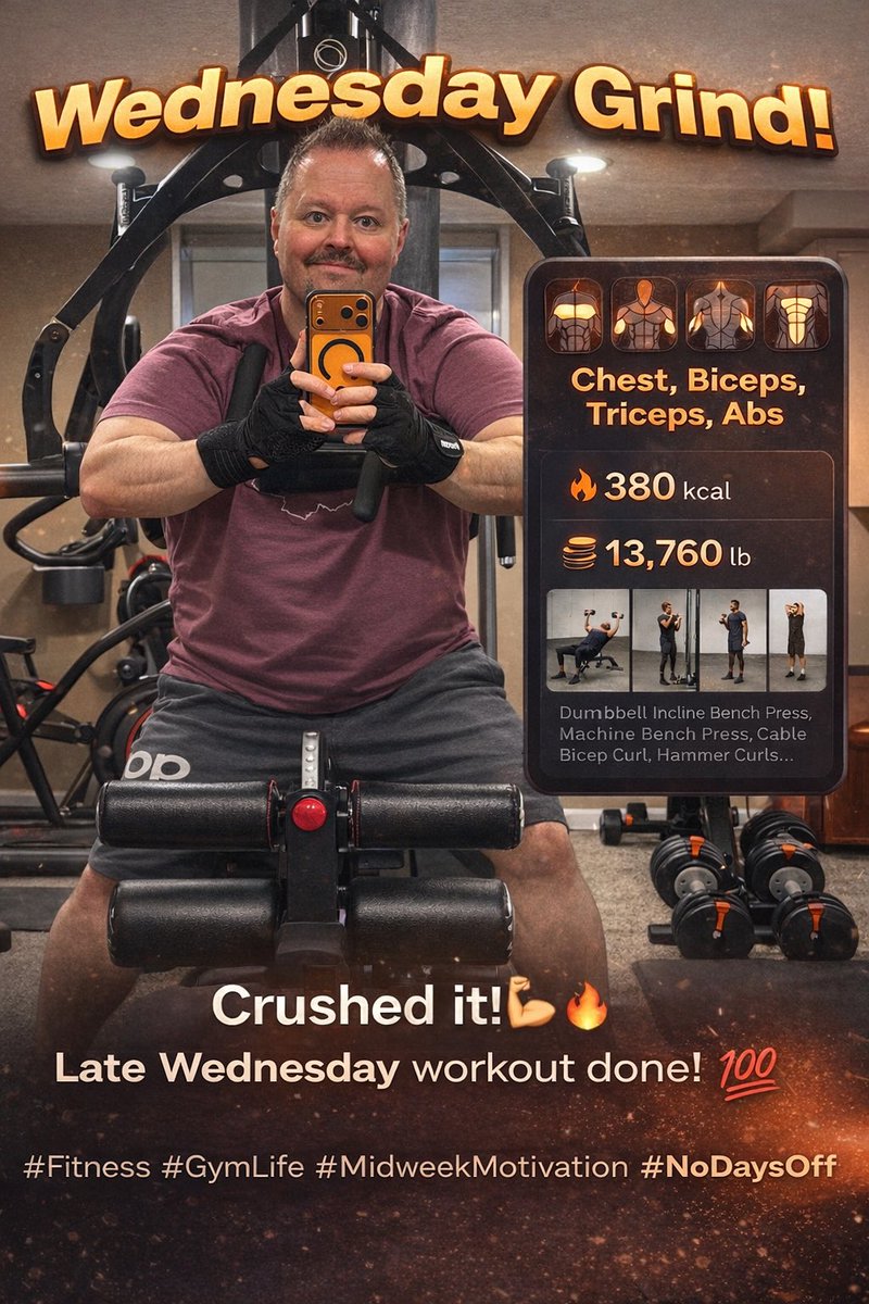 DallasJ1977's tweet image. Late Wednesday lift complete 💪🔥
39 minutes. 380 calories. 13,760 lbs moved.

Midweek grind powered by Fitbod — staying consistent and finishing strong.

#Fitbod #WednesdayWorkout #MidweekGrind #UpperBody #GymLife #HomeGym #NoDaysOff #Consistency #StrongerEveryday
