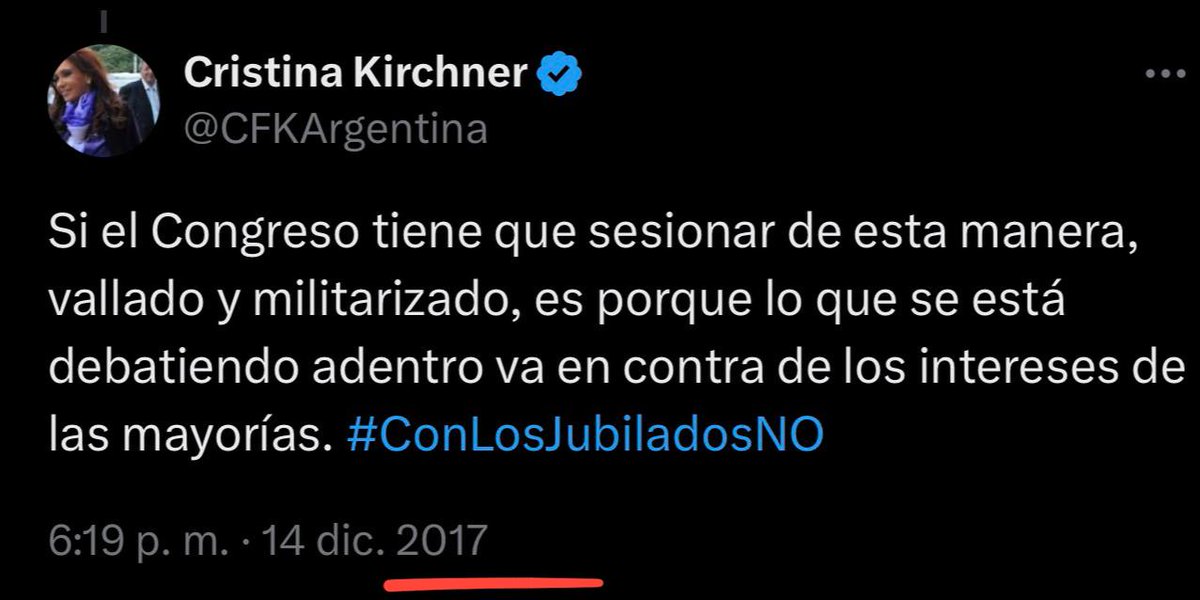 mayrasmendoza's tweet photo. Con @JMilei revivimos lo que en 2017 sufrimos con @mauriciomacri, tal como dijo CFK en su momento:

Si el Congreso está vallado, si se reprime en las calles, nada bueno para los y las trabajadores está tratándose adentro.

Esta mal llamada reforma laboral es la destrucción de las leyes de protección del trabajo. Es la posibilidad de que los despidos sean injustificados y sin indemnización, es perjudicial también a los futuros jubilados. Con esta ley queda habilitado trabajar más y cobrar menos. Es momento de compromiso, organización y acción.