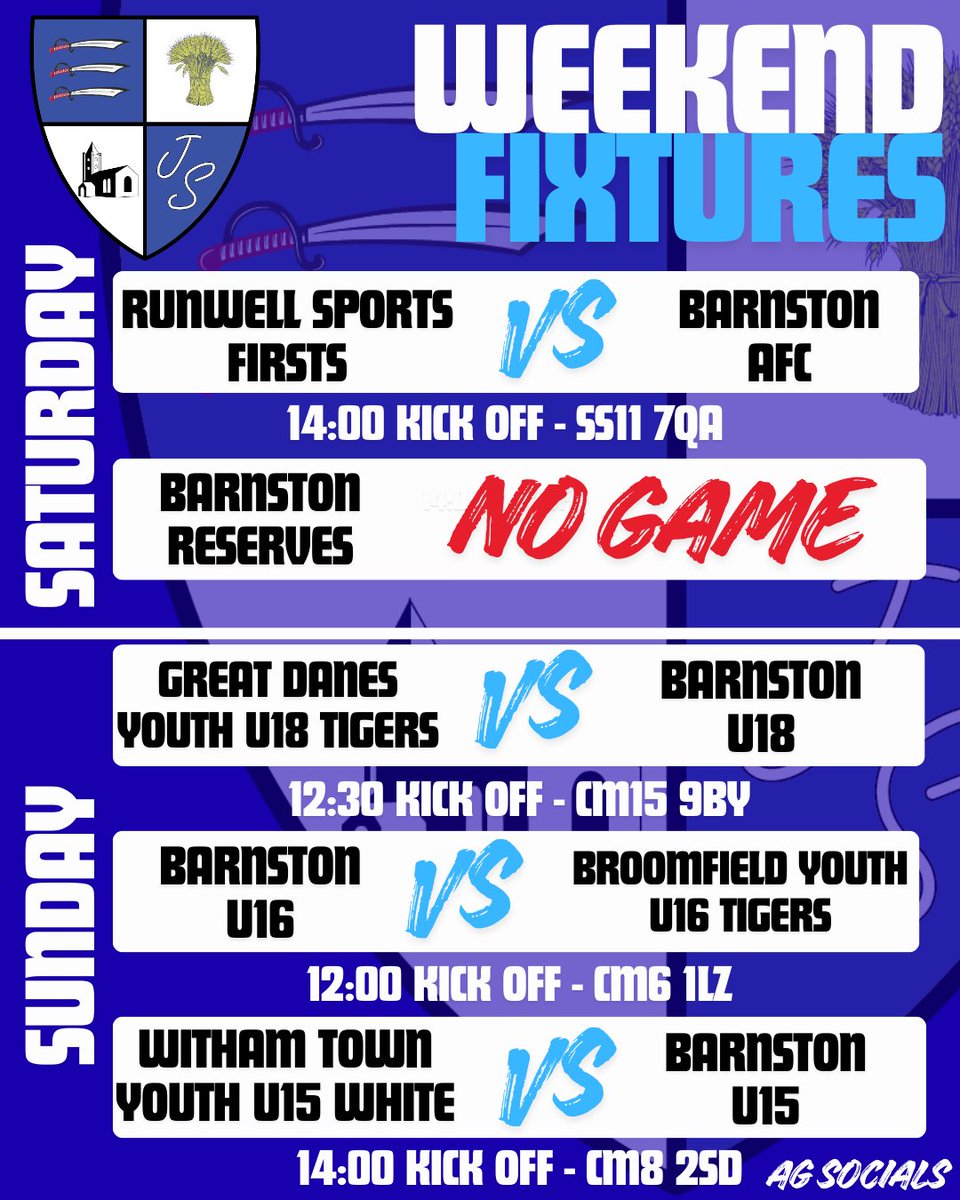 🔵⚪️WEEKEND FIXTURES⚪️🔵

⚽️ First Team
⏰14:00 KO - Saturday
🏟️SS11 7QA

⚽️ Reserves - NO GAME

⚽️U18’s
⏰12:30 KO - Sunday
🏟️CM15 9BY
⚽️U16’s

⏰12:00 KO - Sunday
🏟️CM6 1LZ
⚽️U15’s

⏰14:00 KO - Sunday
🏟️CM8 2SD