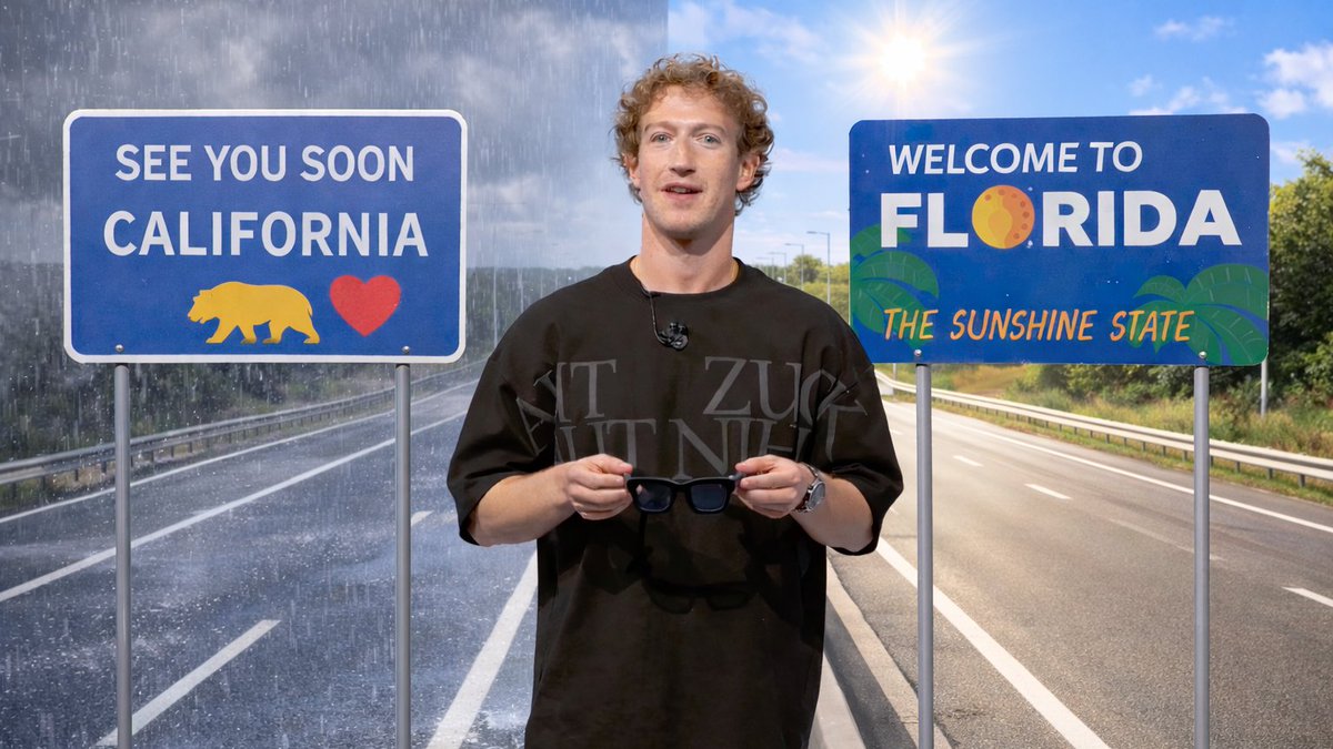 OptionsSwing's tweet photo. Mark Zuckerberg officially leaves California, relocating to Florida to avoid the new "wealth tax." https://t.co/NaWwksKOmB