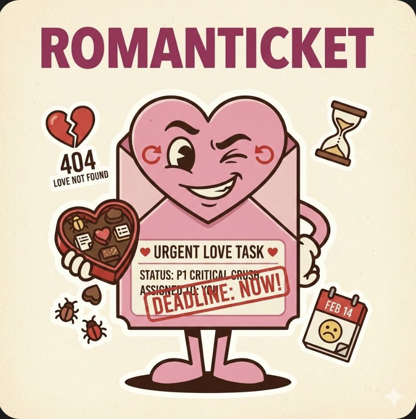 RealVacayCoin's tweet photo. ROMANTICKET 💘🎫

He booked a table. She booked her heart.
Jira booked… a ticket.

“Quick fix before dinner?”
Two subtasks. One epic.
Suddenly it’s 10:47 PM.

Love was planned.
Scope was expanded.

Counter:
No deploys after 6.
No “quick fixes” on Valentine’s.
Non-P1 -> next sprint.

#VACAYCOIN