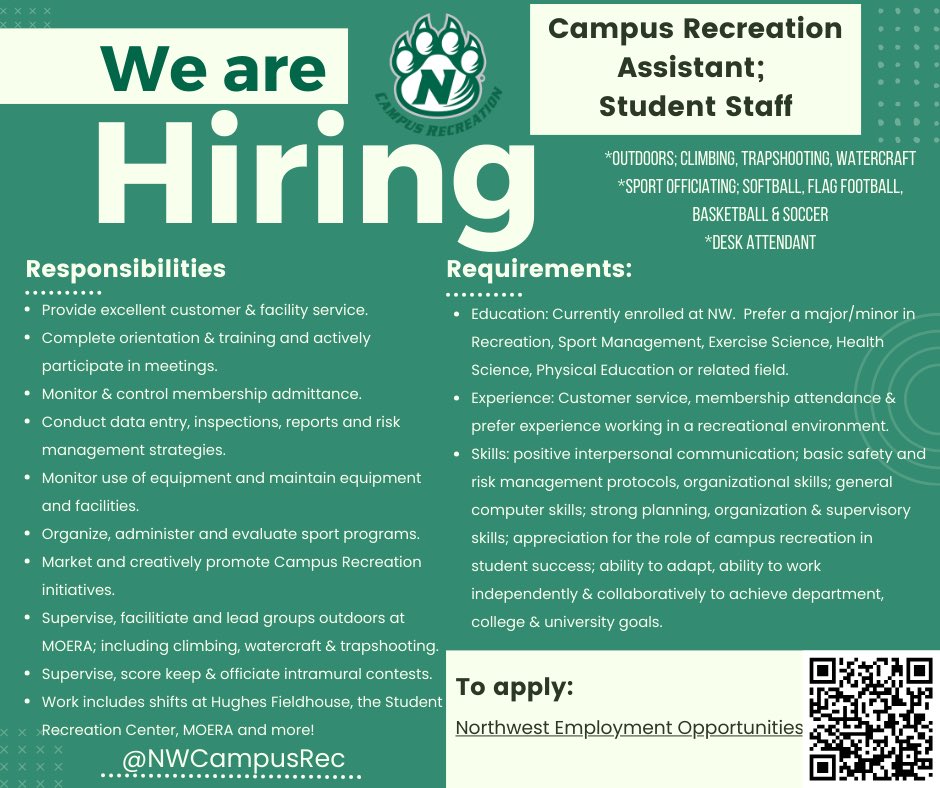 NWCampusRec's tweet photo. We are #hiring for the summer! Join our team as an #Assistant or #GraduateAssistant to gain #experience in a variety of areas! Swipe to view each position. Apply on the Human Resources webpage ⬇️

https://t.co/eKgZ8Ecjf5

Questions? Email us at crec@nwmissouri.edu. https://t.co/LvRHSNj3cc