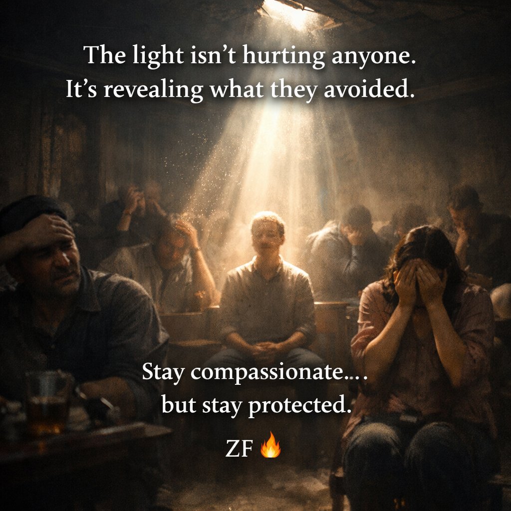 zachqfish's tweet photo. This one needs to be shared.... We are heading into some difficult moments.

🔥 When Truth Arrives… The Inner World Is Exposed

As truth continues to surface… not the kind you read in headlines, but the kind you feel… it’s going to become painfully obvious who has done their shadow work and who has spent years avoiding it.

Truth has a way of acting like a mirror. It doesn’t just reveal what’s happening in the world… it reveals what’s unresolved inside each of us. Old wounds. Buried fears. Hidden guilt. Unprocessed trauma. Everything we pushed down to stay comfortable begins to rise when the external world stops matching the story we told ourselves.

Those who chose distraction over reflection… comfort over growth… will feel it the most. Not because they are weak, but because anything buried eventually demands to be seen. When someone has built their identity on avoiding discomfort, the arrival of truth doesn’t feel liberating… it feels threatening. It shakes the foundation they stood on. And when that foundation cracks, many won’t respond with clarity… they’ll respond with anger, denial, projection, and blame.

You will see it everywhere.
People lashing out when faced with reality.
People clinging to narratives that are clearly dissolving.
People attacking others simply for holding steady.

Not because they are evil… but because they are scared to look within.

This is why your role right now is so important. Stay compassionate… but stay protected. Compassion does not mean allowing yourself to be pulled into someone else’s chaos. It does not mean shrinking your awareness to keep others comfortable. It means understanding that many are confronting parts of themselves they’ve spent a lifetime running from.

You can hold empathy without absorbing their fear.
You can offer grace without sacrificing your boundaries.
You can love humanity without lowering your frequency to match confusion and anger.

Everyone is being given the opportunity to face themselves. Some will rise to meet it. Others will resist until the very end. But none of that is your burden to carry.

Your responsibility is to remain clear. Grounded. Honest with yourself. Because in a world where masks are falling and illusions are dissolving… the most powerful thing you can be is someone who has already faced their own darkness and chosen growth anyway.

When the light gets brighter… everything hidden is revealed.
Make sure you are anchored in truth… not running from it.

ZF 🔥