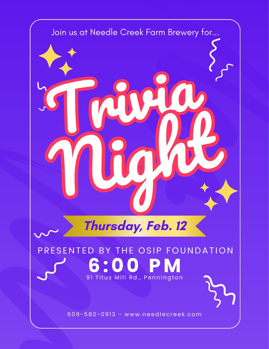 OSIPFoundation's tweet photo. We've got one more trivia night at Needle Creek Farm Brewery before a two-week break.  Come out and hang!   #TriviaNight #PenningtonNJ #FarmBrewery #LocalEvents #ThursdayFun https://t.co/MZFF7inR1B