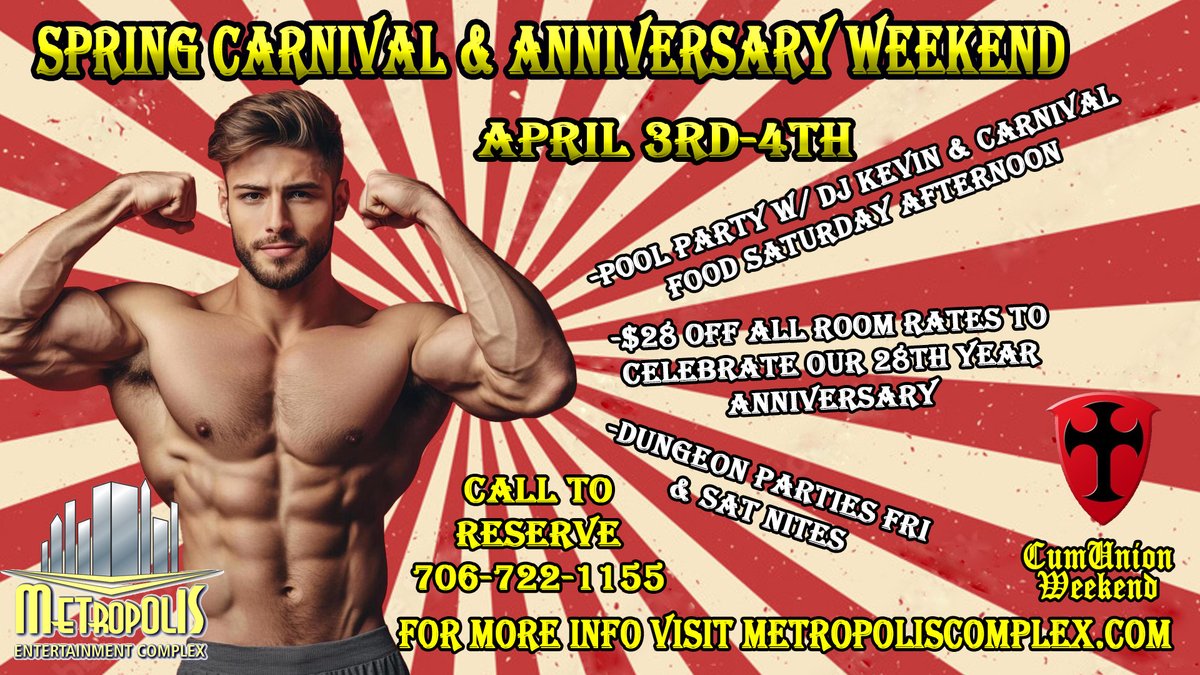 MetropolisAug's tweet image. It’s ALMOST been 28 years! 🎉

Come celebrate with us April 3rd &amp;amp; 4th for a weekend you won’t forget.

Pool party, carnival games, and more! Plus, it’s April’s CumUnion Weekend, so you already know the vibes. 😈💦

Come party with us!
📞 706-722-1155

#GayTravel #CumUnion 🏳️‍🌈