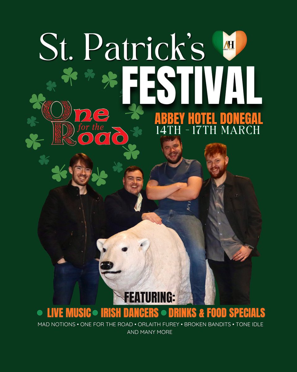 Join us at Abbey Hotel Donegal 14-17 March for live music, Irish dancers, and serious craic! 🎶🍻☘️ #StPatricksFestival #LiveMusicDonegal #AbbeyHotelDonegal #DonegalCraic #PlaceToBe