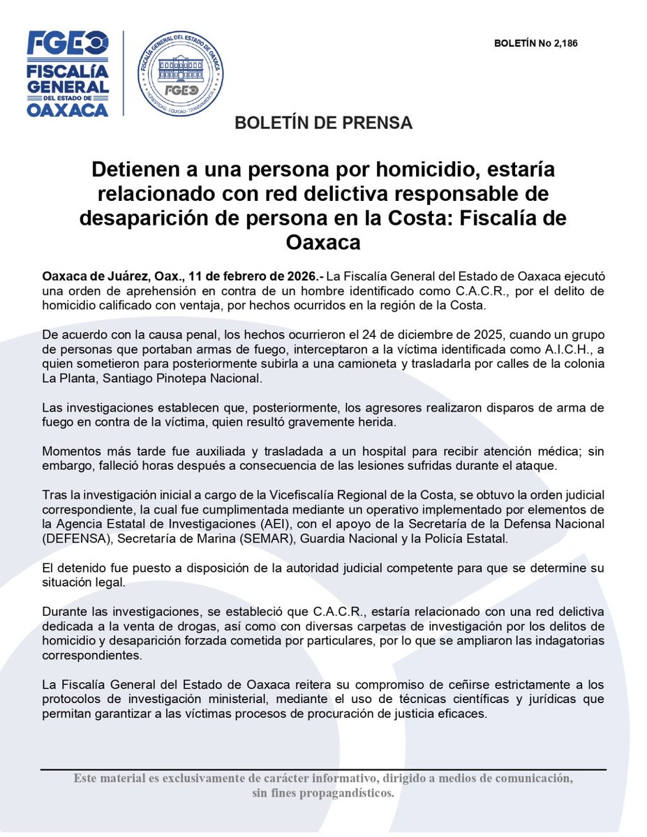 La <a href="/FISCALIA_GobOax/">Fiscalía General</a> ejecutó una orden de aprehensión en contra de un hombre identificado como C.A.C.R., por el delito de homicidio calificado con ventaja, por hechos ocurridos en la región de la Costa.
#Oaxaca
