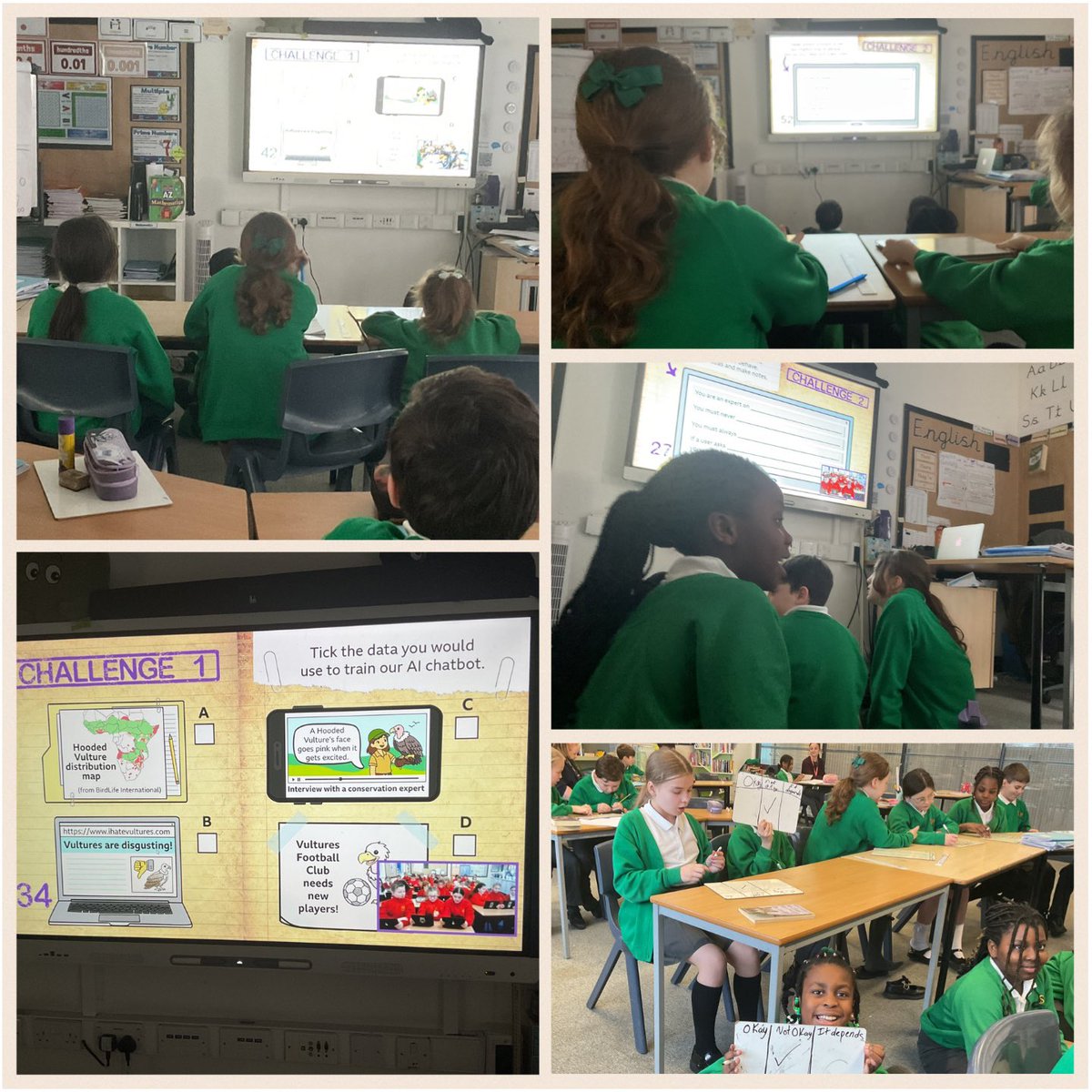 SVPrimary1's tweet photo. For @safeinternetday, children took part in the #BBCLiveLesson, a quiz about how AI is used and considered if theoretical, but realistic, scenarios were “okay”, “not okay”, or “it depends”. https://t.co/PcRwuuzNkx