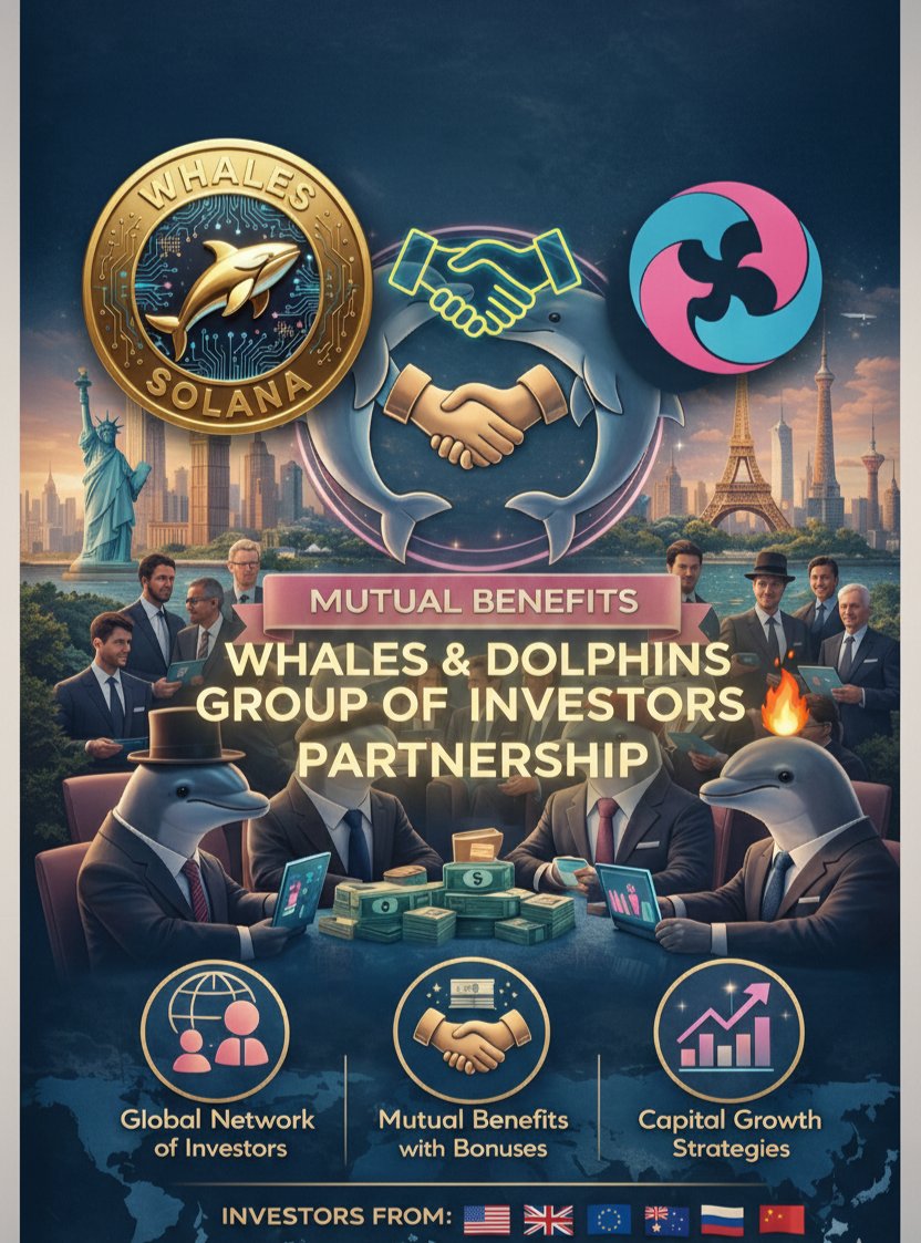 🐬🤝🐋 Dolphins Group of Investors proudly announce partnership with Whales Coin! 🌊

Introducing WHALES SOLANA COIN — built for strong community, fair launch &amp; long-term hype 🚀

🛡️ Tokenomics
✅ 1B Total Supply
🔥 70% Initial Burn (real scarcity)
💧 15% Raydium Liquidity
🏦 10%