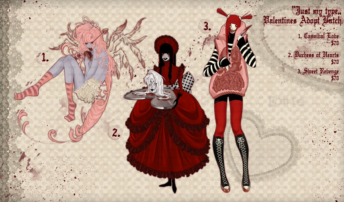 _bonizz79's tweet photo. ❛ Just my Type ❜ ┆ Valentines Adopt Batch released!!
Took me a bit to post it here on Twitter kekek but it's here!
Inspired on a gory version of elements that remind me of valentines day 
Exclusive for VGen!! https://t.co/VDbm7mykaP
#VGenShop #Adopt #ValentinesDay https://t.co/zB10XtjV91